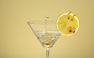Aranjament pahar cu gin și felie lămâie ornate cu cercei